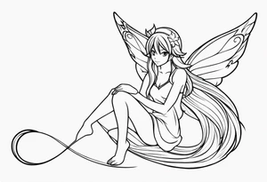 No color fairy with a tail inspired by the logo of the show called Fairy Tail in a fetal position leaning in and forward tattoo idea