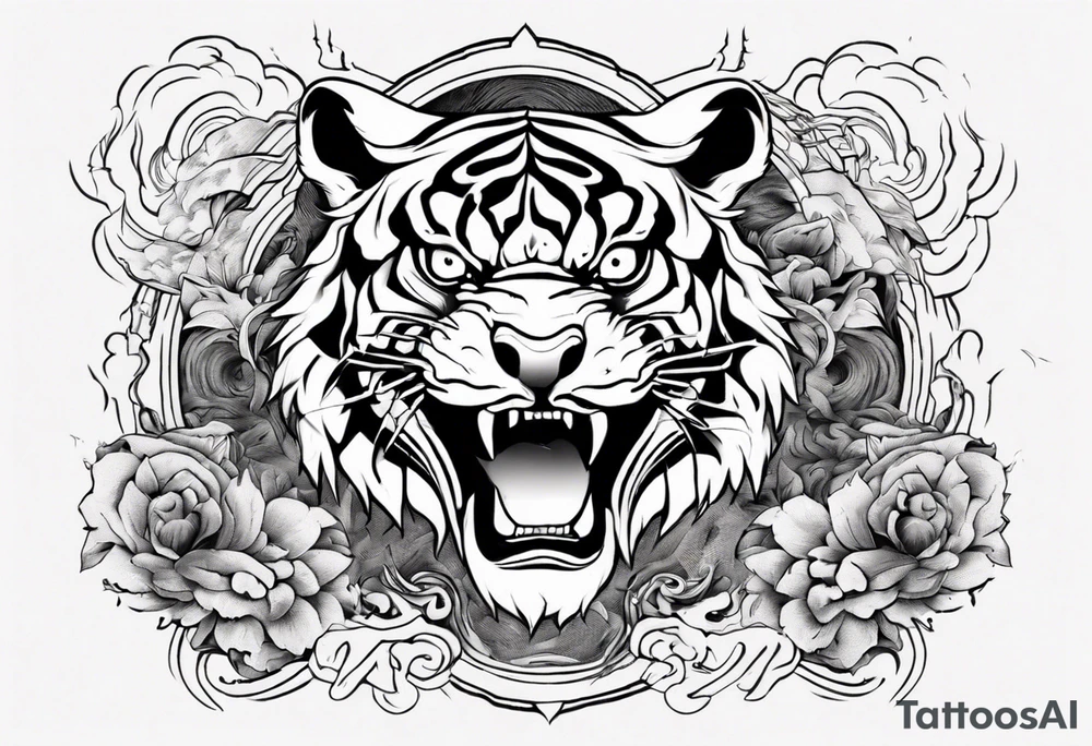 Ancient tiger with lightning and a sun for a forearm sleeve. With patterns surrounding it tattoo idea