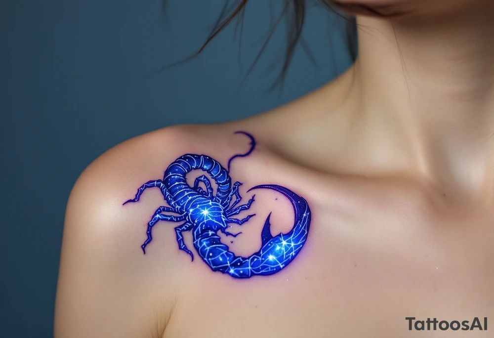 In the deep indigo sky, Scorpius coils like a celestial scorpion outlined in icy white light moving toward its star constellation tattoo idea