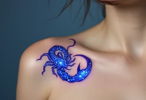 In the deep indigo sky, Scorpius coils like a celestial scorpion outlined in icy white light moving toward its star constellation tattoo idea