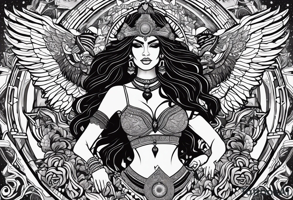black kali, goddess pirate, alien, angel, pachamama, valkrye, warrior, flying, skull, lotus azul, wing, eagle, zenza resonance, stars, 5D, anahata chakra, death, durga, riding on a tiger, flying lady, kundalini, chest tatoo, rebel tattoo idea