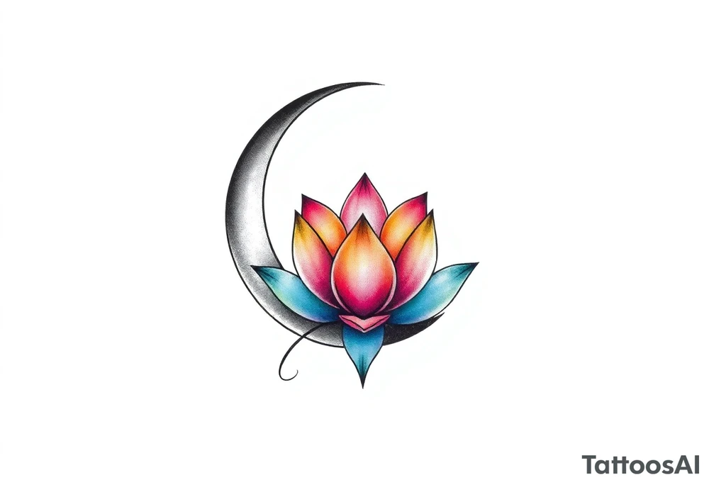 small colorful crescent moon with lotus flower tattoo idea