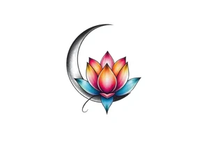 small colorful crescent moon with lotus flower tattoo idea