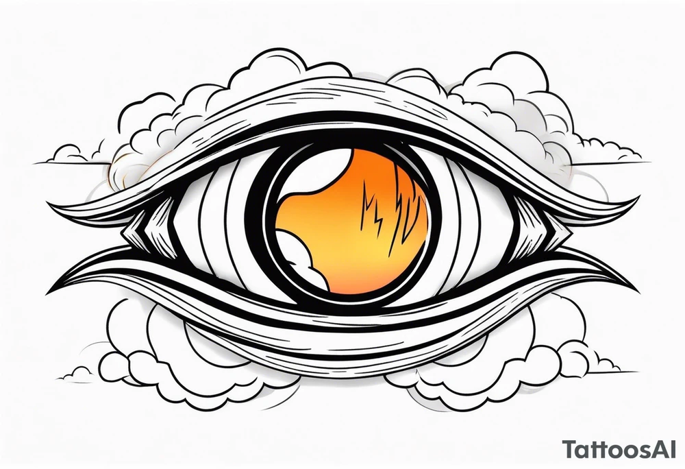 simple eyeball in dark stormy clouds with orange lightning coming from the clouds tattoo idea
