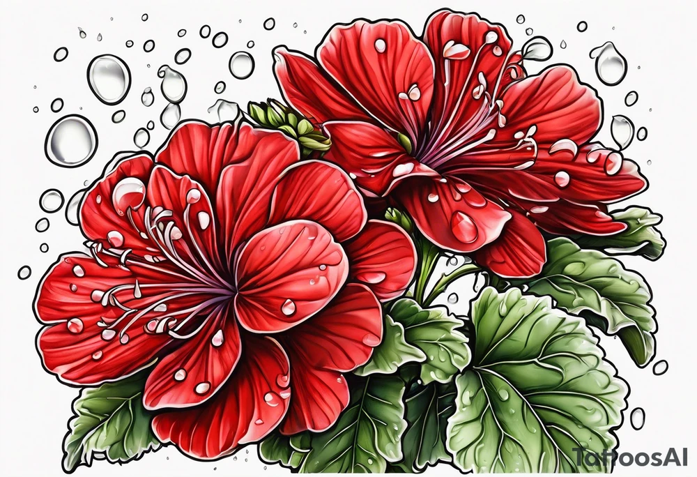 red geraniums with rain drops tattoo idea