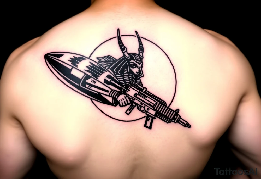 "Anubis in a ufo, holding a tommy gun. . Hieroglyph background spells 'BaCk TO THE MOON'.  

Style: Art Deco meets cyber-Egyptian. Black/red/gold ink. Forearm sleeve." tattoo idea