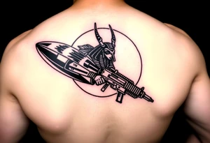 "Anubis in a ufo, holding a tommy gun. . Hieroglyph background spells 'BaCk TO THE MOON'.  

Style: Art Deco meets cyber-Egyptian. Black/red/gold ink. Forearm sleeve." tattoo idea