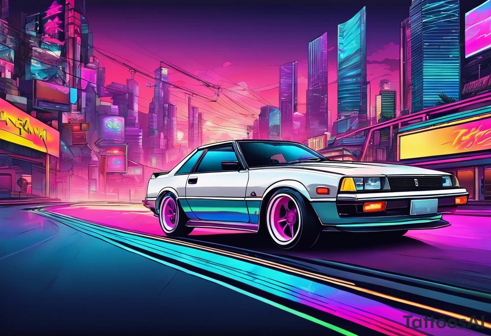 Car.driving through Synthwave cityscape tattoo idea