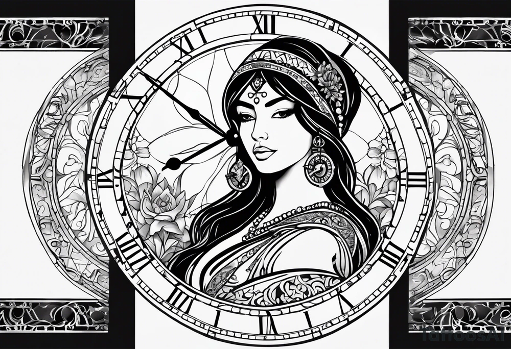 Hispanic/ Latin goddess, love, forgiveness, strength, peace, cancer zodiac time, past, future, clock tattoo idea