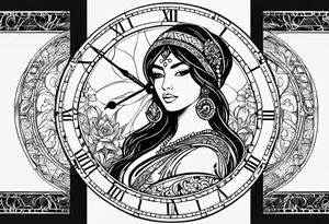 Hispanic/ Latin  goddess, love, forgiveness, strength, peace, cancer zodiac time, past, future, clock tattoo idea