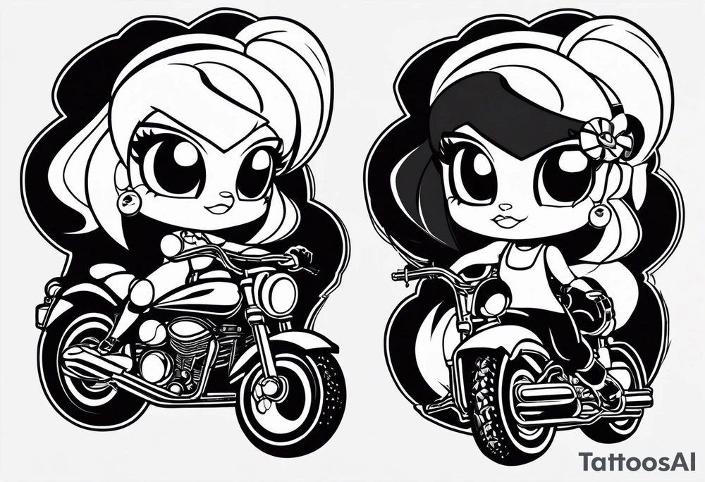 Power Puff Girls in 3 Variations one should be male and have a ascocaition zu motorcycle the 2 others should be female tattoo idea