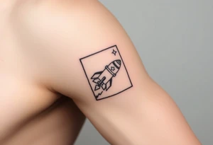 Rocket ship with a twinkling star, inside a black rectangle, shooting out of the rectangle tattoo idea