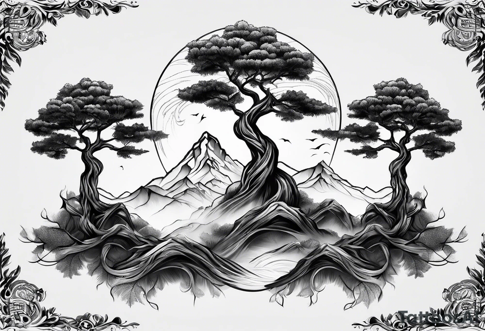 Three mountains three trees with roots tattoo idea