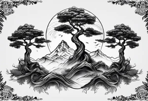 Three mountains three trees with roots tattoo idea