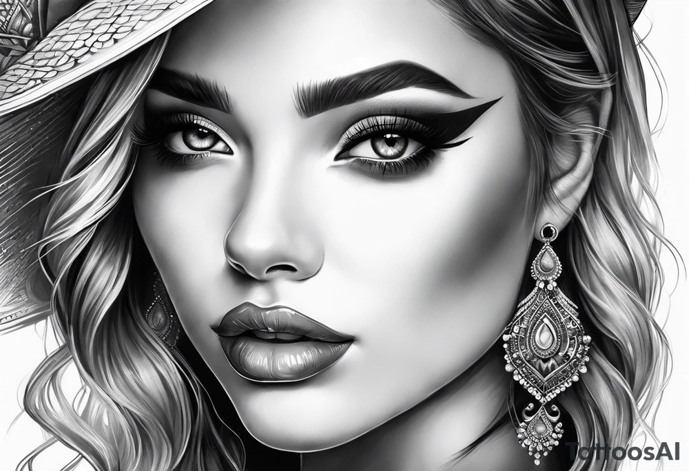 Half of beautiful woman face is invisible because of the fingers tattoo idea