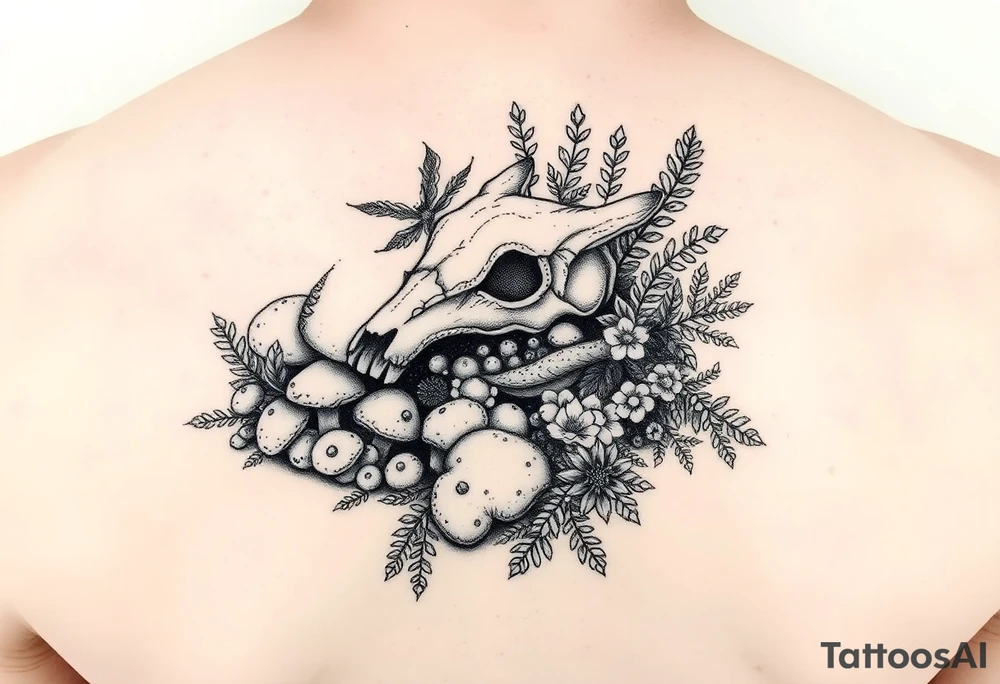 woodland floor with mushrooms, moss, a fox skull, insects, ferns, and flowers tattoo idea