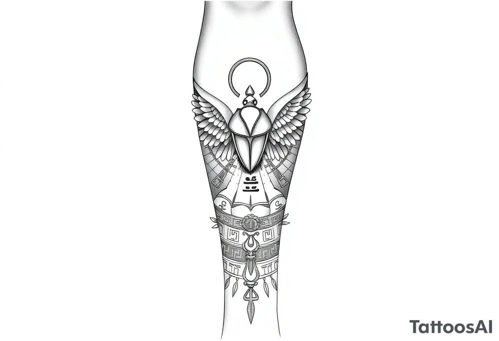 “Design a cohesive Egyptian-themed lower leg sleeve from knee to ankle, continuing from an existing black-and-grey fine-line tattoo. The current tattoo features a winged scarab beetle with extended, flowing wings wrapping around the knee and a circular Eye of Ra medallion at top centre of knee. 
Extend the design downward with ancient Egyptian symbolism in a balanced, flowing composition: include elements such as Anubis, Horus, hieroglyphic bands, lotus flowers, papyrus, ankhs, pyramids, and subtle desert or Nile motifs.
Maintain a clean black-and-grey style with fine linework, light shading, and etched, ancient-stone textures—no heavy color. Use soft gradients and negative space to blend seamlessly with the existing scarab wings and medallion.
Wrap the imagery naturally around the leg’s anatomy, tapering toward the ankle, with ornamental bands or hieroglyphs framing the lower leg. The overall look should feel sacred, ancient, powerful, and timeless, like an Egyptian relief brought to life on skin.” tattoo idea
