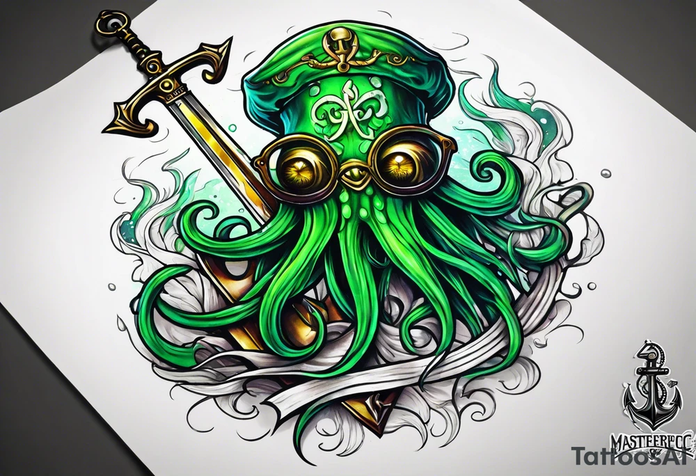 green squid with eyepatch holding sword and anchor tattoo idea