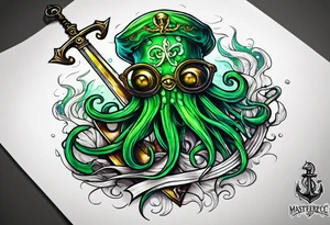 green squid with eyepatch holding sword and anchor tattoo idea
