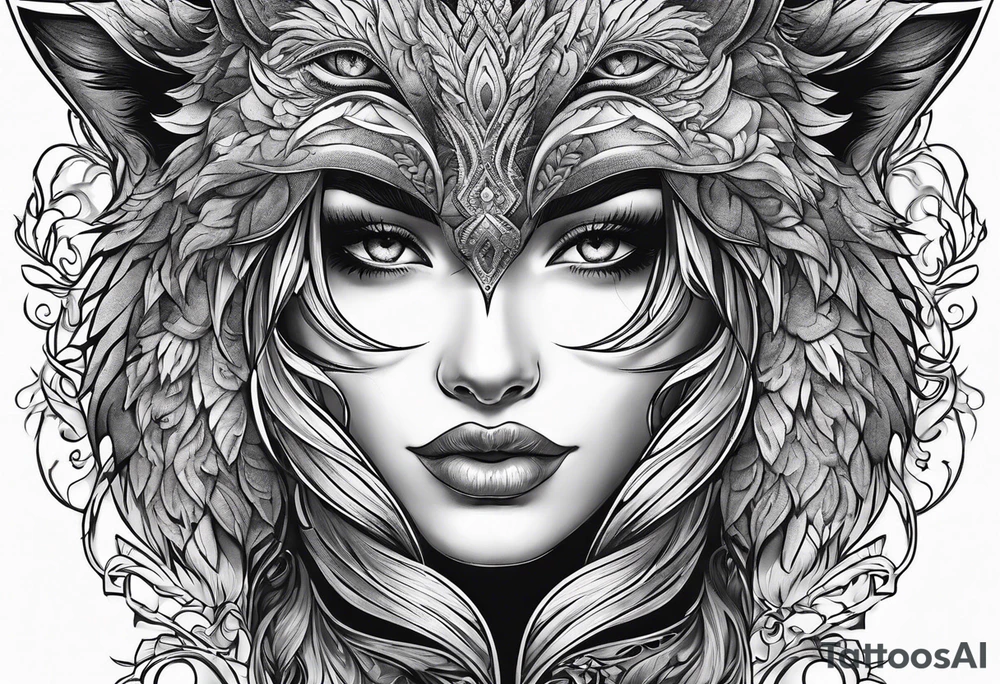 wolf's and woman's head split in half tattoo idea