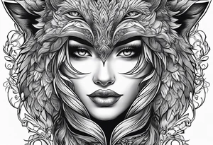 wolf's and woman's head split in half tattoo idea