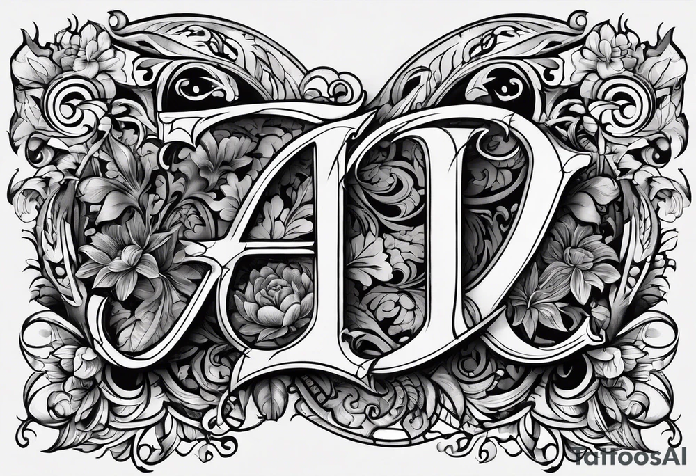 I want to design a tattoo that has the letters A, J, D, E mixed together like a design in harmony with old chaligraphy tattoo idea