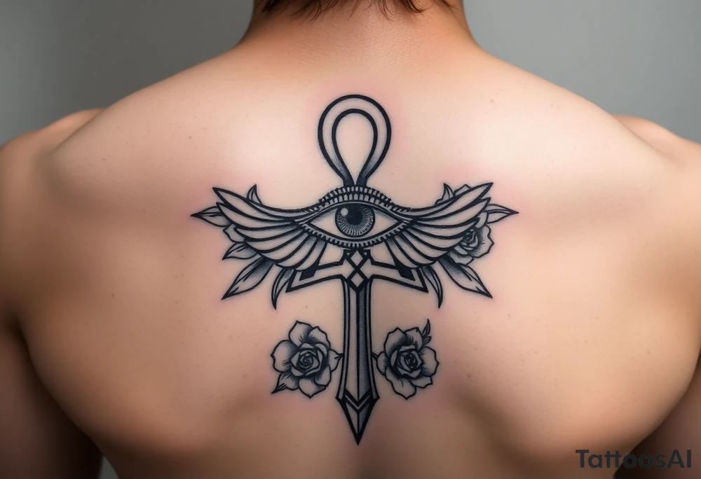 The ankh symbol with the eye of horus intertwined with roses tattoo idea