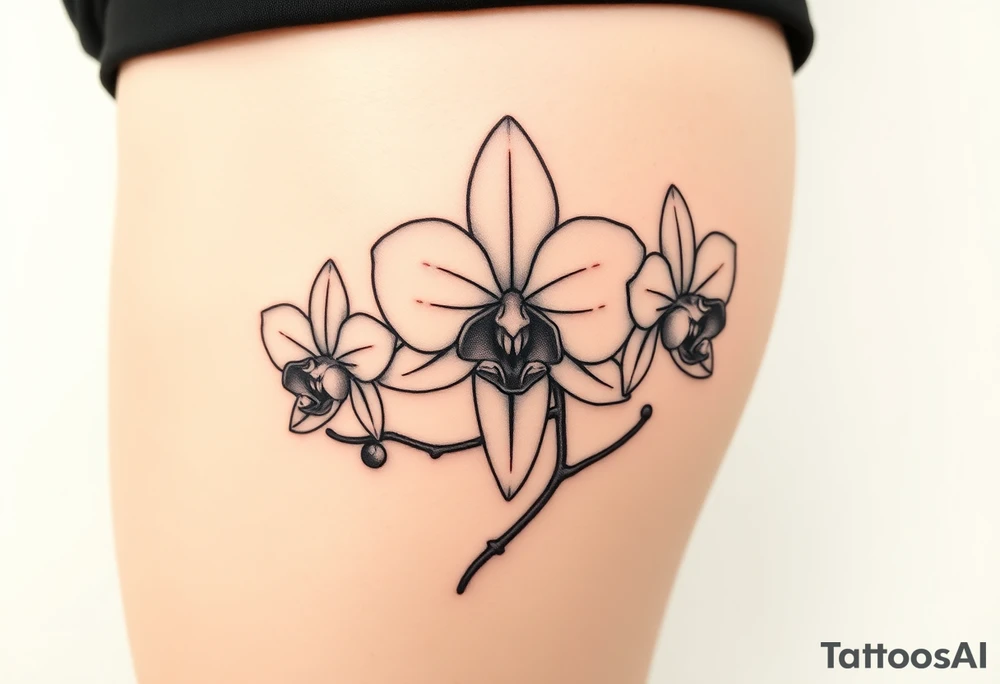 Tattoo flash of three fine line orchids different size realistic, the central part resembles a vagina. Are connected with branches tattoo idea