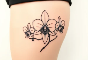 Tattoo flash of three fine line orchids different size realistic, the central part resembles a vagina. Are connected with branches tattoo idea