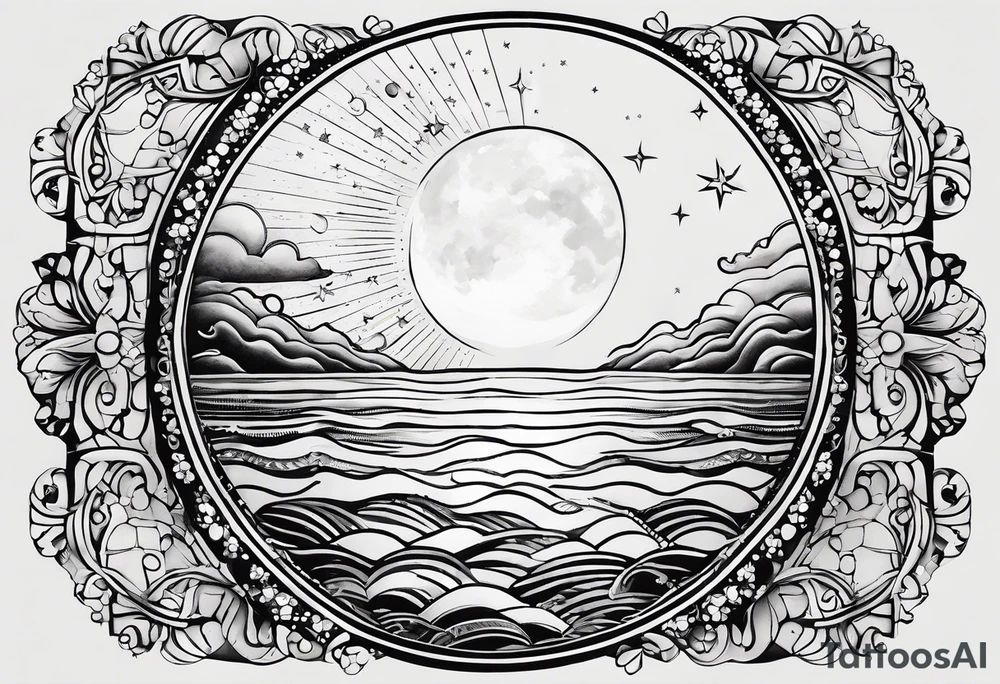 mezcla de sol luna y mar con estrellas brillantes, sin bordes, sencillo, minimalista tattoo idea