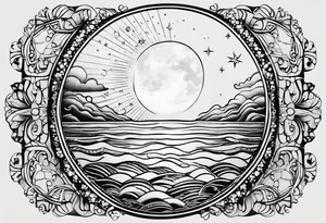 mezcla de sol luna y mar con estrellas brillantes, sin bordes, sencillo, minimalista tattoo idea
