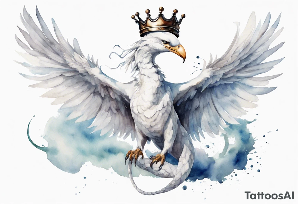 a watercolor of a white bird-serpent hybrid wearing an iron crown, flying in the sky tattoo idea