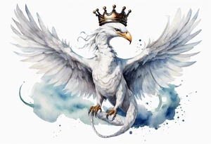 a watercolor of a white bird-serpent hybrid wearing an iron crown, flying in the sky tattoo idea