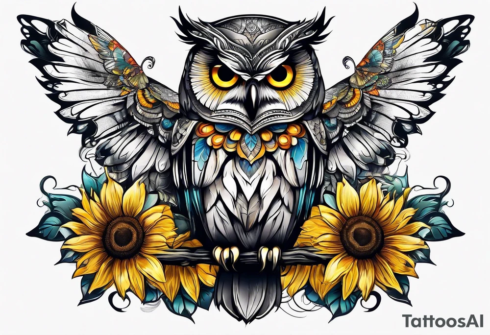 Owl, sunflower with a butterfly tattoo idea