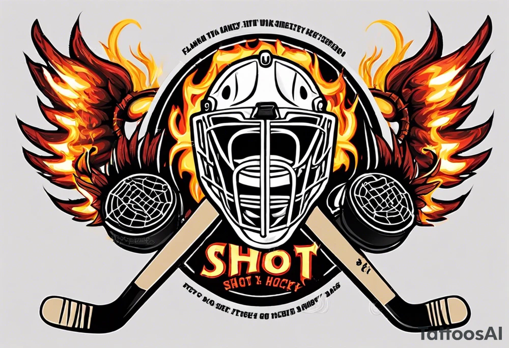 hockey puck with flaming wings and a goalie mask that says "SHOT HOCKEY" tattoo idea