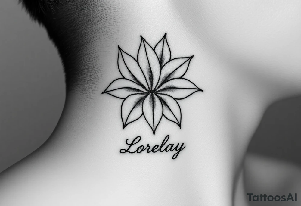 Crea un diseño significativo sobre la flor de bayahibe egipcia y que tenga el nombre escrito por de bajo del diseño el nombre de mi hermana Lorelay para la parte baja del bíceps tattoo idea