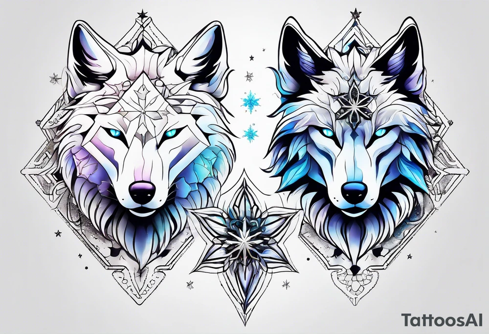 Constellation, two animal alien wolf, snowflake tattoo idea