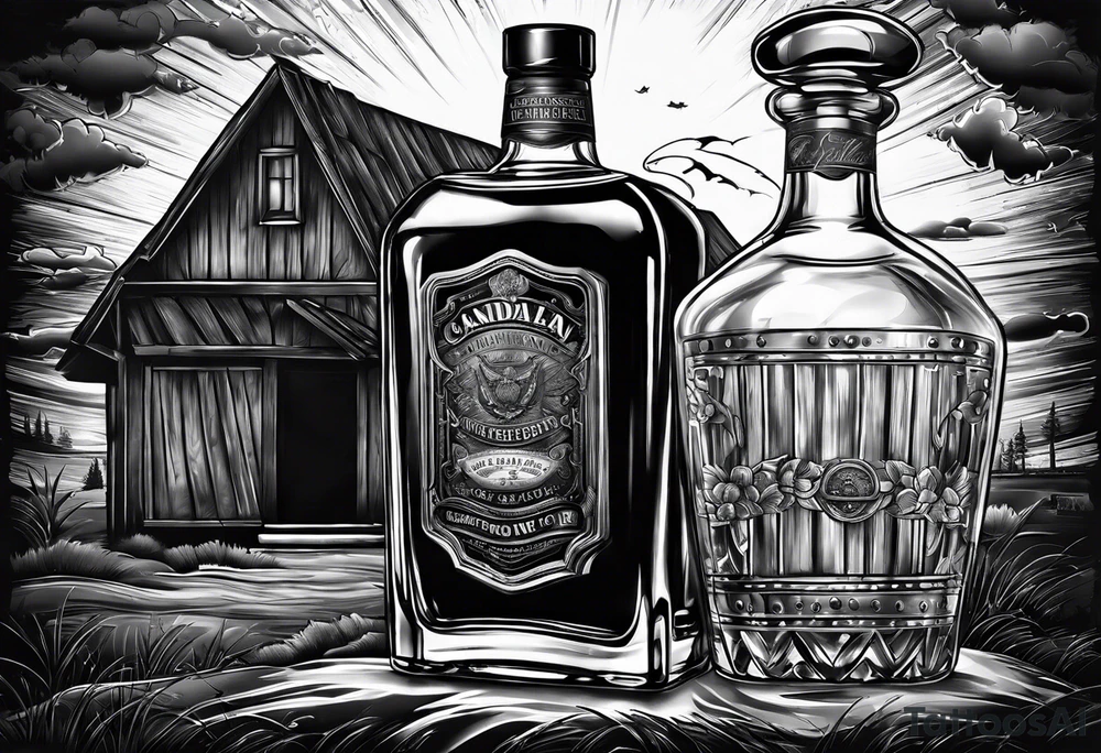 Canadian whiskey and glass and dog tags tattoo idea