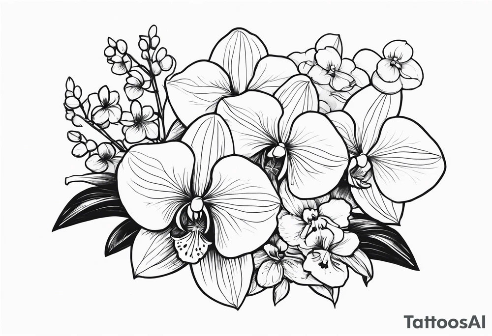 2 inch bouquet with hydrangeas and orchids tattoo idea