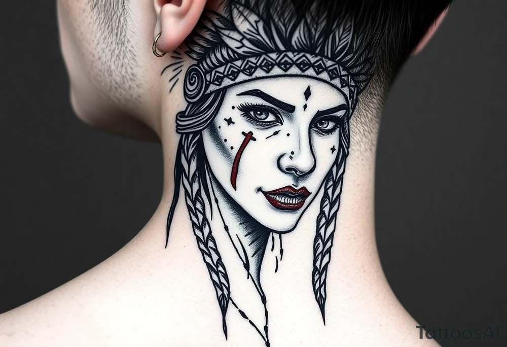 Beautiful Woman with battle scars and blood on face wearing bear headdress tattoo idea