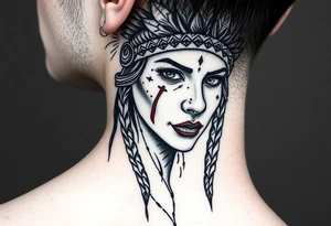 Beautiful Woman with battle scars and blood on face wearing bear headdress tattoo idea