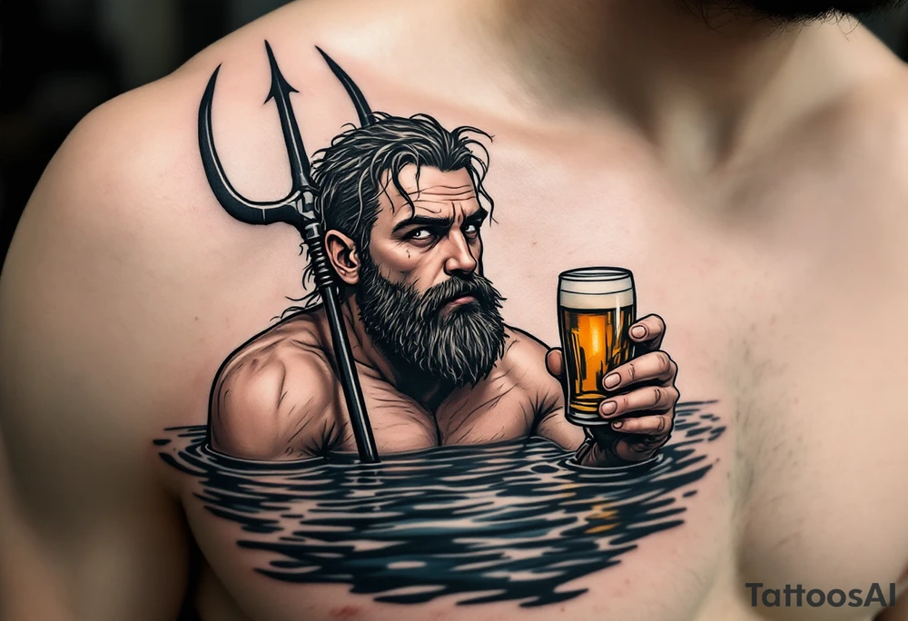 Drunk guy with no facial hair with trident half way in calm water with a beer tattoo idea