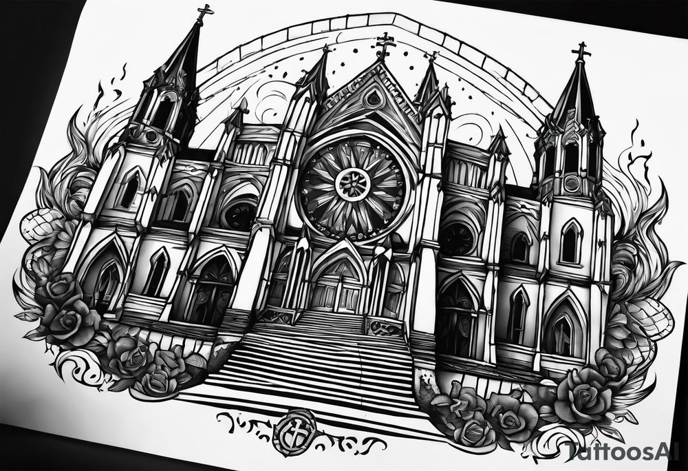 cathedral on fire boarder tattoo idea
