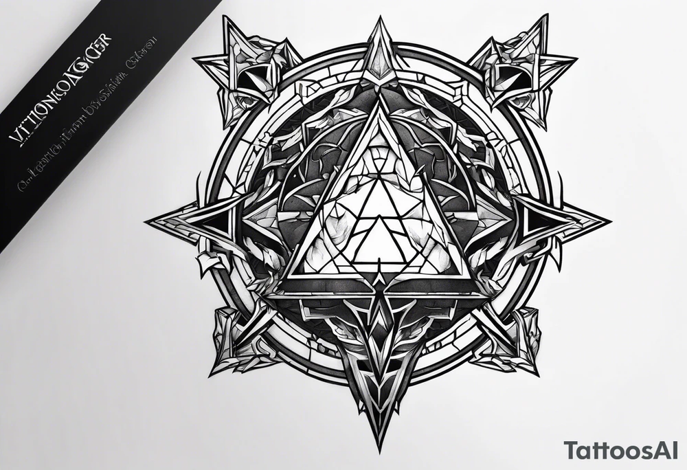 generate a tattoo design combining the dragon age inquisitor logo, the triforce from the zelda series and inclusion from the halo game series tattoo idea