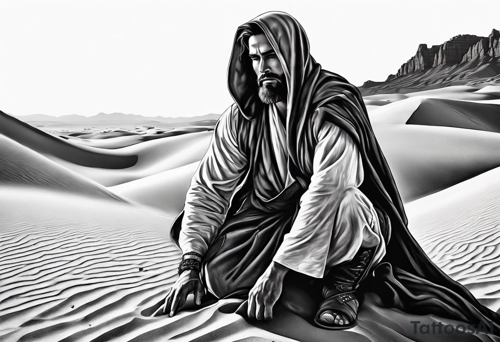 man crawling in a desert toward the cross of Christ tattoo idea