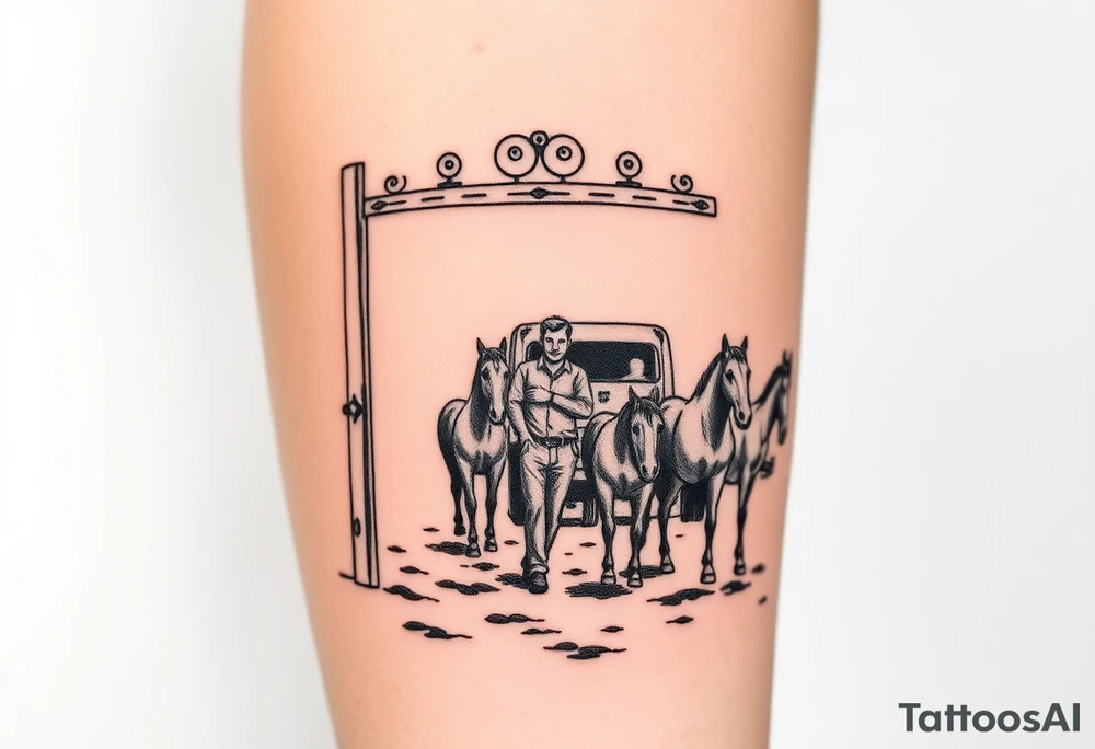 Gate with a man leaning on it feeding horses with a squatted truck in the back tattoo idea