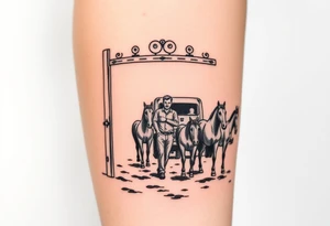 Gate with a man leaning on it feeding horses with a squatted truck in the back tattoo idea