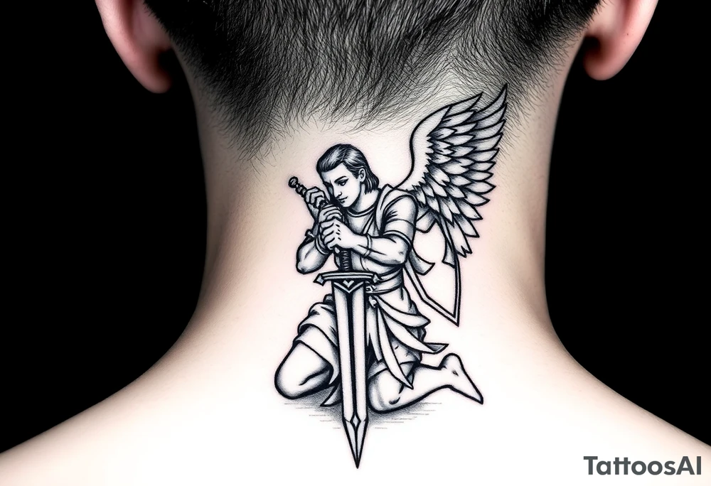 Kneeling warrior angel with a sword and shield tattoo idea