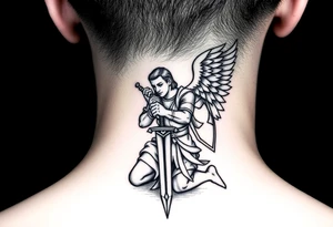 Kneeling warrior angel with a sword and shield tattoo idea