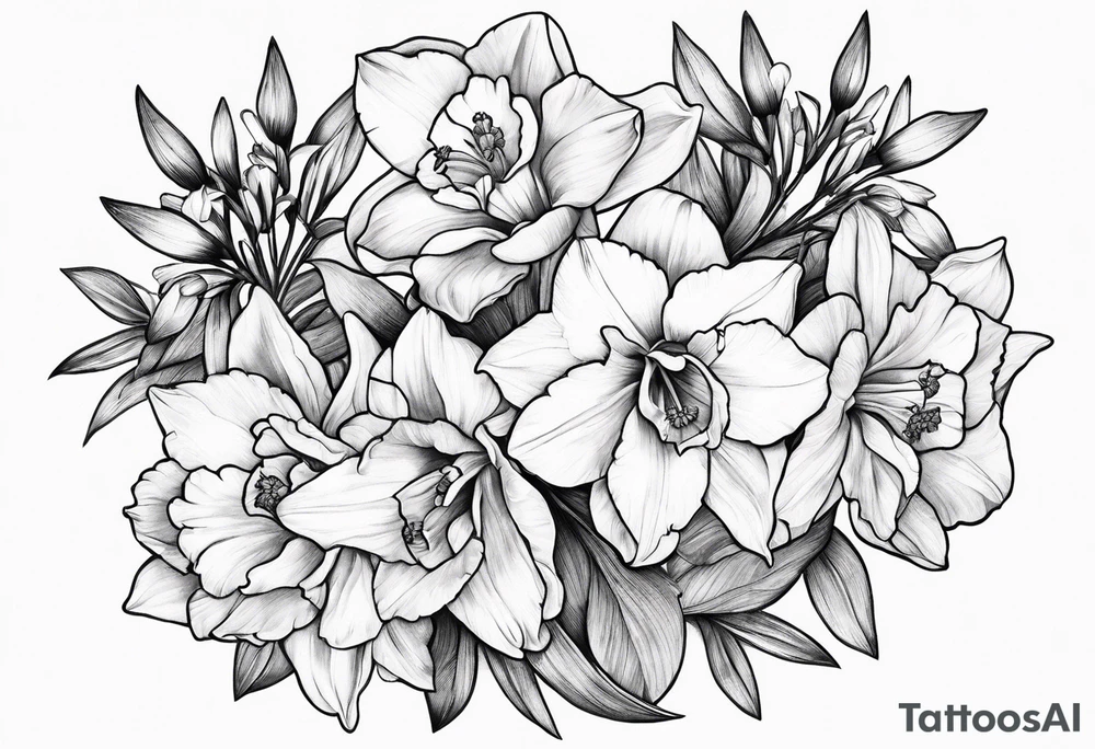 Larkspur and narcissus bouquet tattoo idea